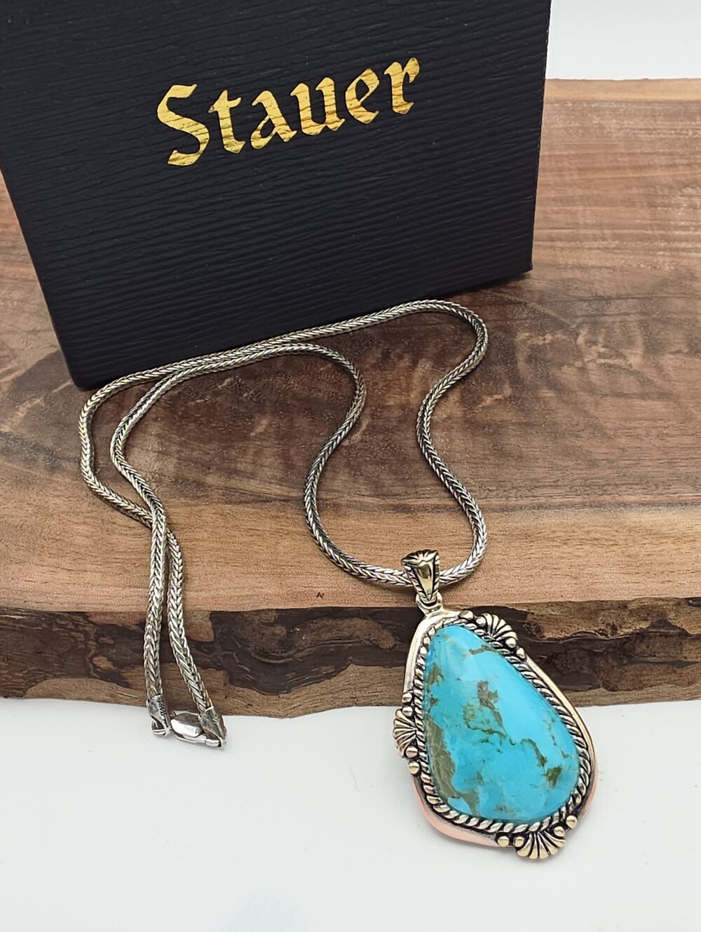 Stauer Sedona Turquoise Pendant & Serpentine Chain 925 Sterling Silver Southwest - Picture 2 of 8